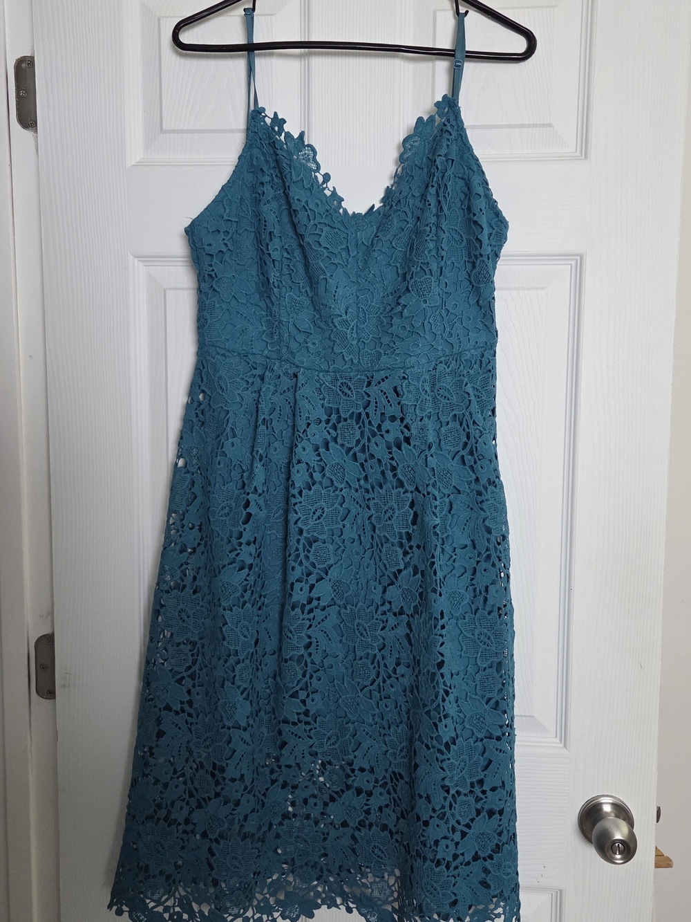 Astr Teal Floral Lace Midi Dress with V-Neck